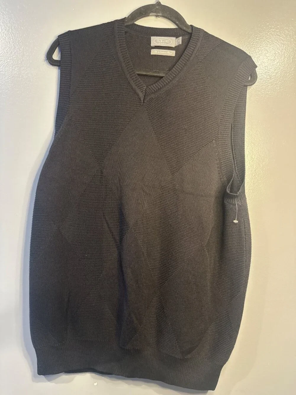 Talbots Mens M Silk Cotton Sweater Vest Black Argyle V Neck Preppy Academia
